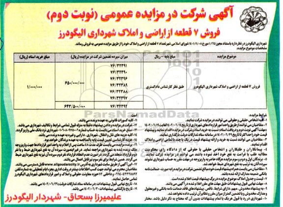  فروش 7 قطعه از اراضی و املاک شهرداری - نوبت دوم 