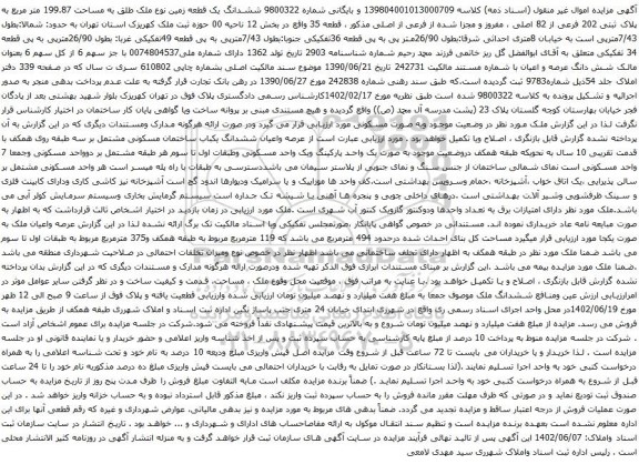 آگهی مزایده ششدانگ یک قطعه زمین نوع ملک طلق به مساحت 199.87 متر مربع به پلاک ثبتی 202 فرعی از 82 اصلی