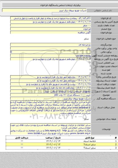 مناقصه, خرید ۱۰۰۰ دستگاه چراغ ۱۲۰ وات  LED