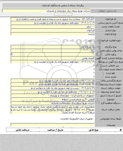 مزایده, فروش ۳۰ تن سیم مسی اسقاط
