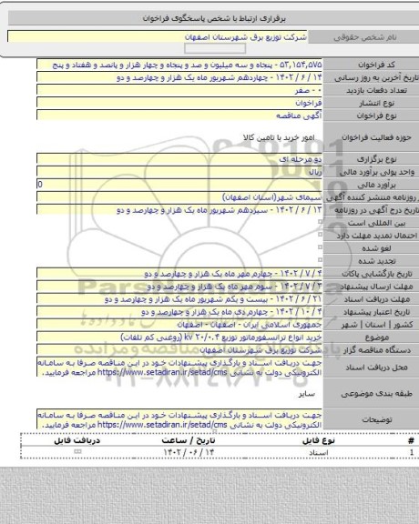 مناقصه, خرید انواع ترانسفورماتور توزیع ۲۰/۰.۴ kv (روغنی کم تلفات)