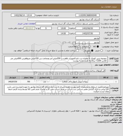 استعلام حوضچه بتنی کوچک به همراه درب نانو کامپوزیت باقطردرب 250میلی متر وضخامت بتن 120میلی متروقطربتن 500میلی متر 
کلاس C250- تن25 به شرح نقشه پیوست