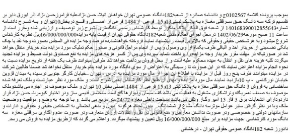 مزایده فروش سه دانگ حق سرقفلی مغازه به پلاک ثبتی13و15 فرعی از1484 فرعی