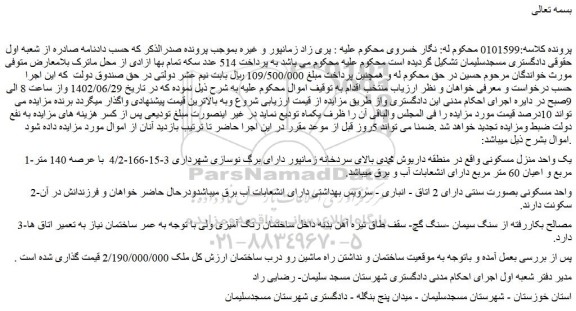 مزایده فروش یک واحد منزل مسکونی 
