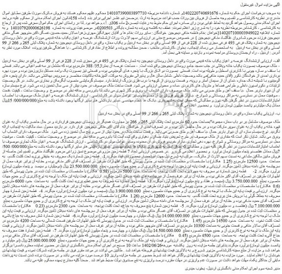 مزایده ششدانگ عرصه و اعیان یکباب خانه قدیمی مورث واقع در داخل روستا