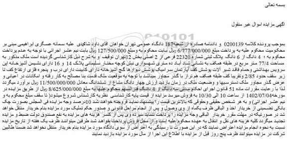 مزایده 4 دانگ از 6 دانگ پلاک ثبتی شماره 22320