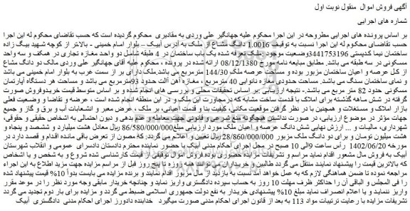 مزایده فروش یک باب ساختمان در 4 طبقه
