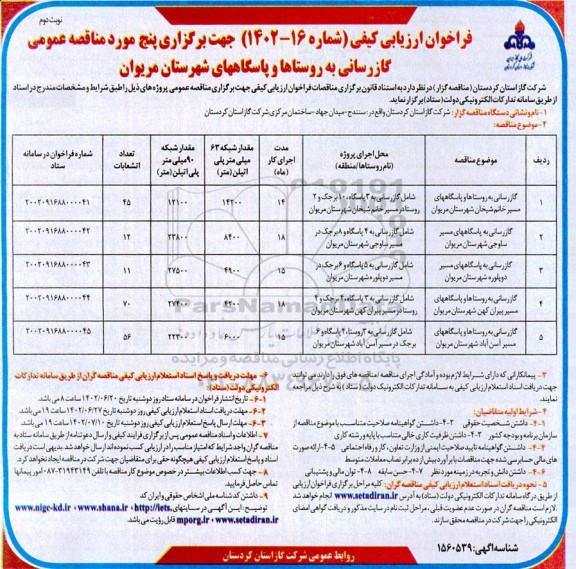 مناقصه گازرسانی به روستاها و پاسگاه ها - نوبت دوم 