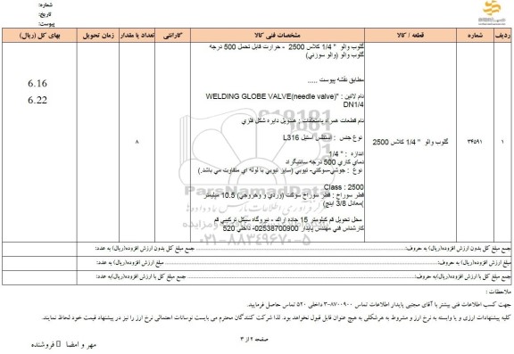 استعلام گلوب والو 1.4 کلاس 2500