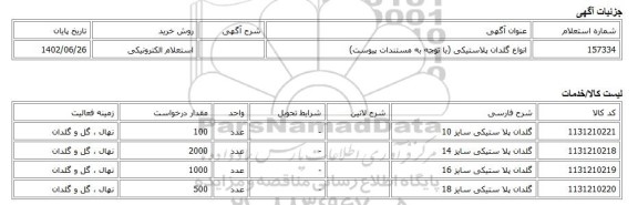 استعلام الکترونیکی، انواع گلدان پلاستیکی (با توجه به مستندات پیوست)