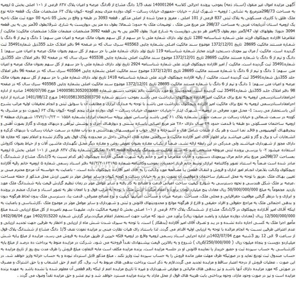 آگهی مزایده  1/5 دانگ مشاع از 6دانگ عرصه و اعیان پلاک ۸۳۷ فرعی از ۱۰۱ اصلی بخش ۵ ارومیه به مساحت 298/73مترمربع