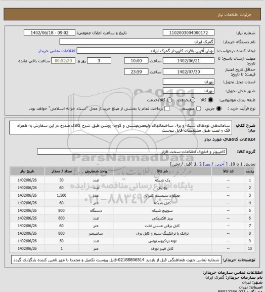 استعلام ساماندهی نودهای شبکه و برق ساختمانهای ولیعصربهشتی و کوچه روشن طبق شرح کالای مندرج در این سفارش به همراه فک و نصب طبق مشخصات فایل پیوست