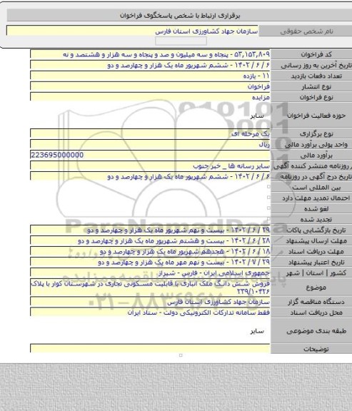 مزایده, فروش شش دانگ ملک انباری با قابلیت مسکونی تجاری در شهرستان کوار با پلاک ۲۳۹/۱۰۴۲۶