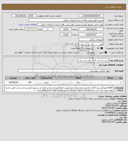 استعلام برنج دانه بلند 1121 پاکستانی مژده