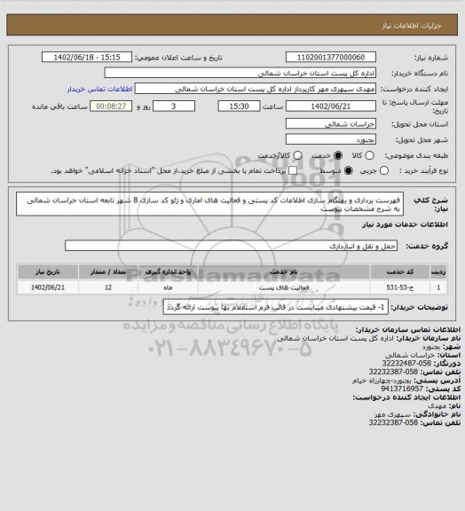 استعلام فهرست برداری و بهنگام سازی اطلاعات کد پستی و فعالیت های اماری و ژئو کد سازی 8 شهر تابعه استان خراسان شمالی به شرح مشخصات پیوست