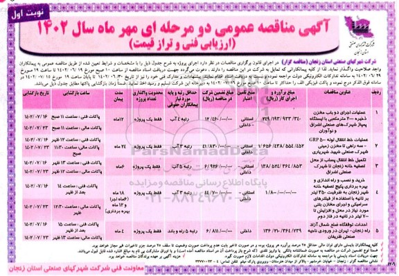 مناقصه عمومی عملیات اجرای دو باب مخزن ذخیره ۲۰۰۰ متر مکعبی....
