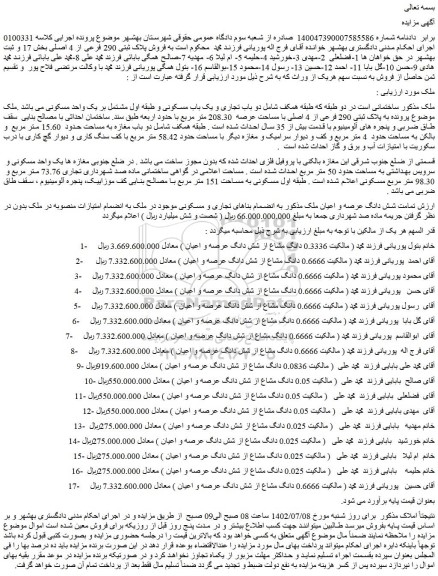 مزایده فروش ملک به پلاک ثبتی 290 فرعی از 4 اصلی با مساحت عرصه 208.30 متر مربع