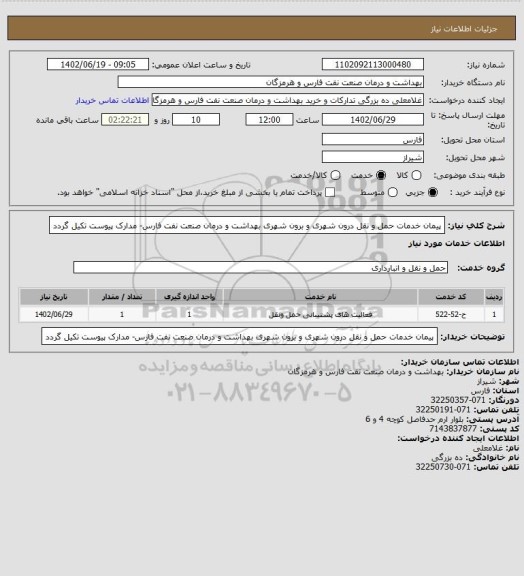 استعلام پیمان خدمات حمل و نقل درون شهری و برون شهری بهداشت و درمان صنعت نفت فارس- مدارک پیوست تکیل گردد