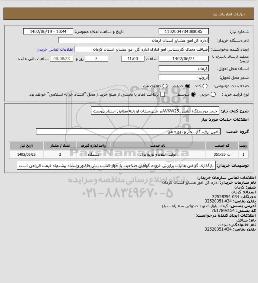 استعلام خرید دودستگاه ترانس AVKW25در شهرستان ارزوئیه مطابق اسناد پیوست