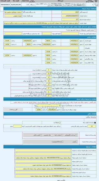 مزایده ، جرثقیل مستعمل- کلیه هزینه های مربوط به کارشناسی بمبلغ 216.000.000 ریال و استاندارد و محیط زیست و تخلیه و بارگیری و غیره