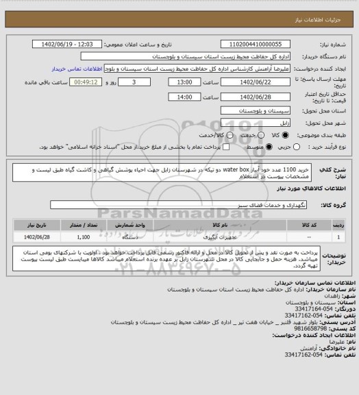 استعلام خرید 1100 عدد خود آبیار water box دو تیکه در شهرستان زابل جهت احیاء پوشش گیاهی و کاشت گیاه طبق لیست و مشخصات پیوست در استعلام