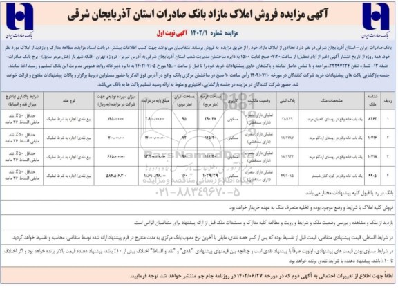 مزایده فروش چهار باب خانه مسکونی واقع در روستا