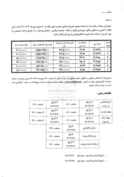 مزایده تعداد شش قطعه با کاربری مسکونی ملکی