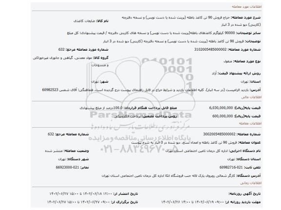 فروش 90 تن کاغذ باطله (پرینت شده یا دست نویس) و نسخه دفترچه (کاربنی) دپو شده در 3 انبار