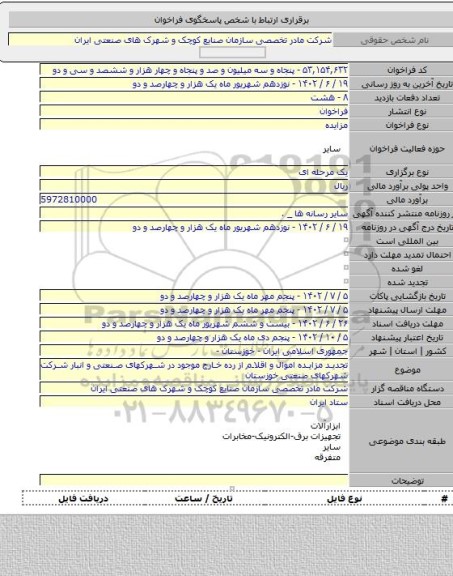 مزایده, تجدید مزایده اموال و اقلام از رده خارج موجود در شهرکهای صنعتی و انبار شرکت شهرکهای صنعتی خوزستان