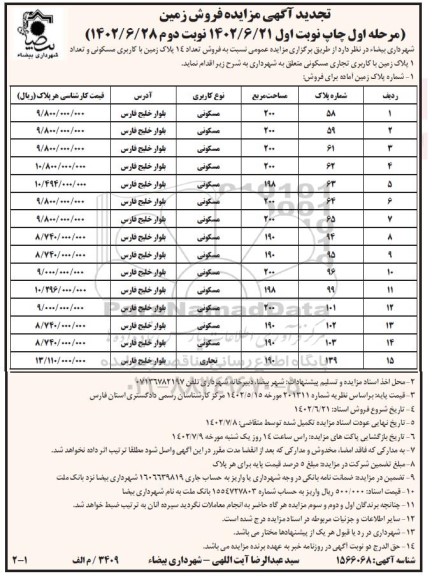 تجدید مزایده فروش تعداد 14 پلاک زمین با کاربری مسکونی و تعداد 1 پلاک زمین با کاربری تجاری مسکونی
