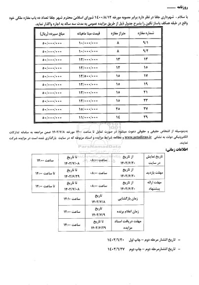 مزایده واگذاری تعداد ده باب مغازه ملکی  مرحله دوم 