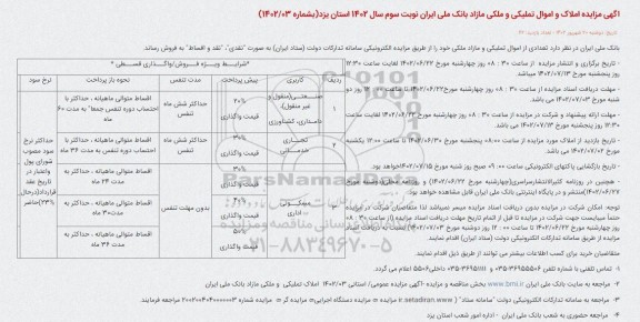 مزایده املاک و اموال تملیکی و مازاد نوبت سوم