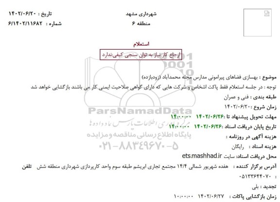 استعلام بهسازی فضاهای پیرامونی مدارس محله محمدآباد