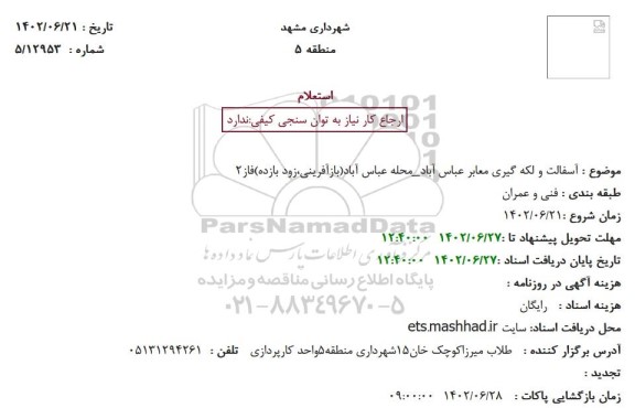 استعلام آسفالت و لکه گیری معابر عباس آباد_محله عباس آباد(بازآفرینی،زود بازده)فاز2