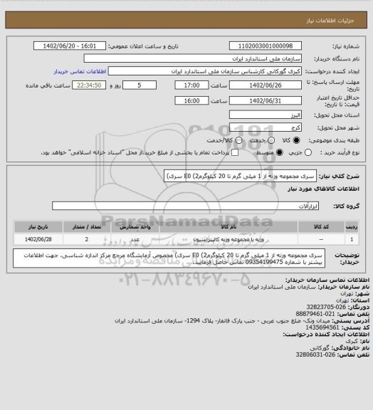 استعلام سری مجموعه وزنه از 1 میلی گرم تا 20 کیلوگرمE0  (2 سری)
