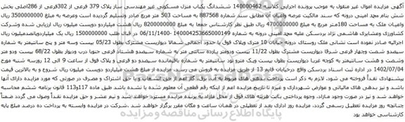 آگهی مزایده ششدانگ یکباب منزل مسکونی غیر مهندسی ساز پلاک 379 فرعی از 302فرعی از 286اصلی