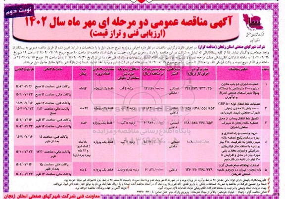 مناقصه عمومی عملیات اجرای دو باب مخزن ذخیره ۲۰۰۰ متر مکعبی.... ـ نوبت دوم
