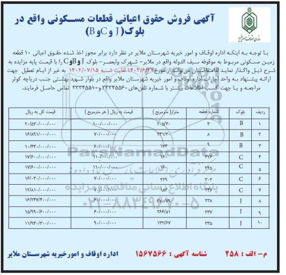 مزایده فر وش 10 قطعه زمین مسکونی 