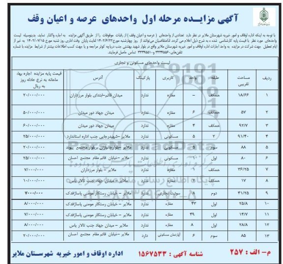 آگهی مزایده مرحله اول واحدهای عرصه و اعیان وقف