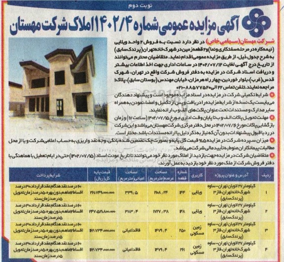 مزایده فروش 2 واحد ویلایی ... - نوبت دوم