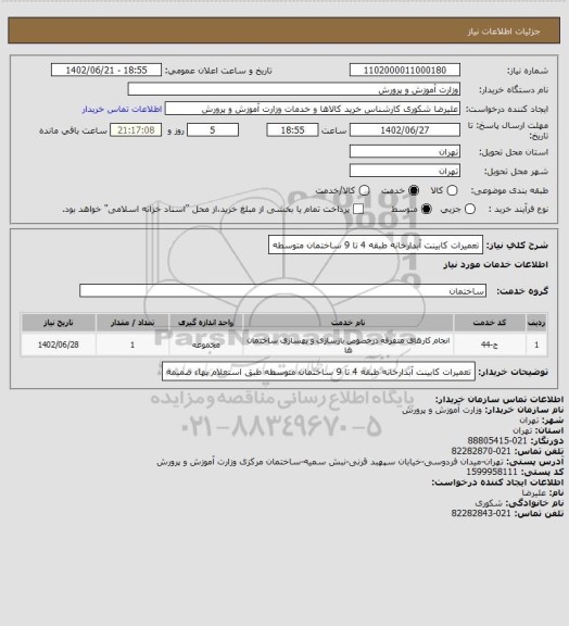 استعلام تعمیرات کابینت آبدارخانه طبقه 4 تا 9 ساختمان متوسطه