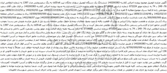 آگهی مزایده ششدانگ یک دستگاه اتومبیل سواری چانگان تیپ cs35-at 