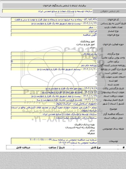 مناقصه, انجام ۲۰ هزار متر عملیات حفاری مغزه گیری در محدود های اکتشافی واقع در استان خراسان رضوی