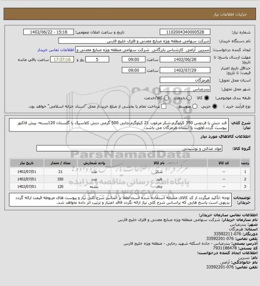 استعلام قند دبش یا فردوس 350 کیلوگرم،شکر مرغوب 21 کیلوگرم،چایی 500 گرمی دبش کلاسیک یا گلستان 120بسته- پیش فاکتور پیوست گردد.اولویت با استان هرمزگان می باشد.