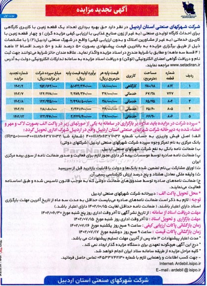 تجدید مزایده حق بهره برداری تعداد یک قطعه زمین با کاربری کارگاهی ...