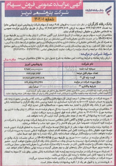 مزایده فروش سهام شرکت پتروشیمی تبریز