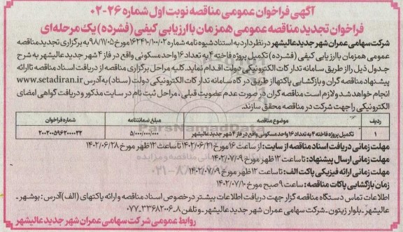 تجدید فراخوان مناقصه تکمیل پروژه فاخته 4 به تعداد 16 واحد مسکونی