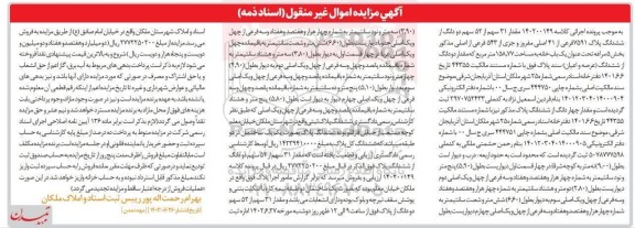 آگهی مزایده مقدار 31 سهم از 52 سهم دو دانگ از ششدانگ پلاک 7591فرعی از 41 اصلی مفروز و جزی از 543 فرعی از اصلی