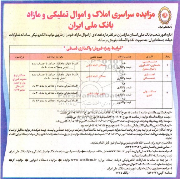 مزایده فروش تعدادی از اموال مازاد