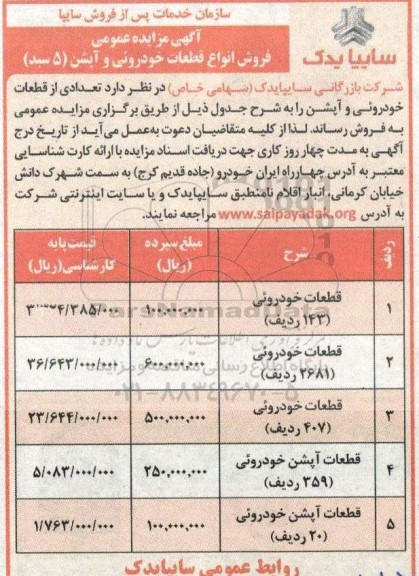 مزایده عمومی فروش انواع قطعات خودرویی و آپشن